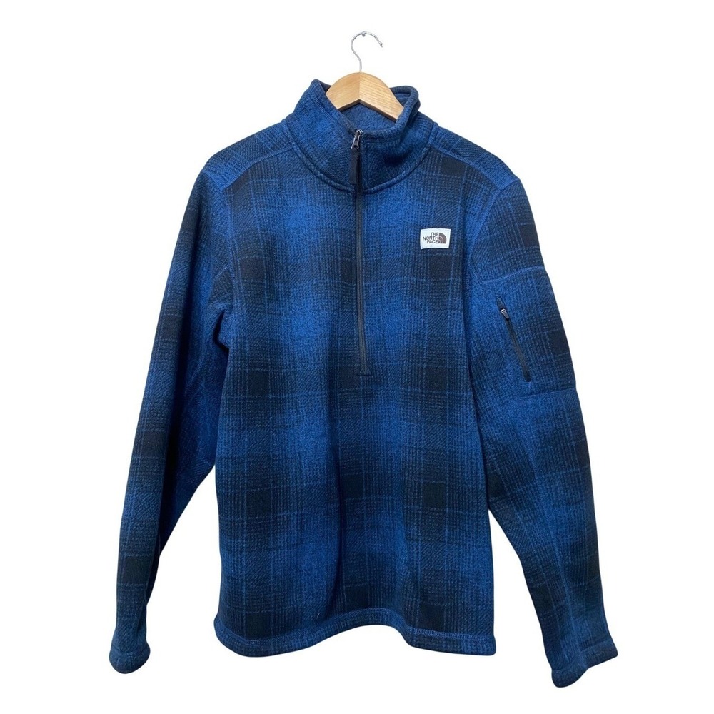 The North Face Gordon Lyons 1/4 Zip Fleece Pullover Blue Black Plaid Mens Large‎